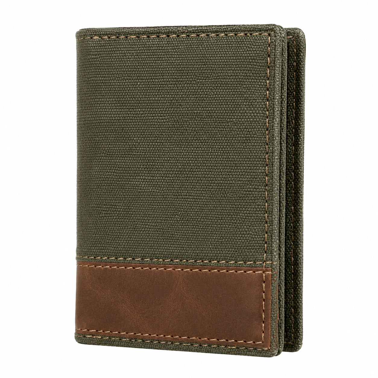 Portefeuille pliant 11 x 9 x 2 cm textile vert kaki et empiècement brun style décontracté