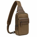 Sac bandoulière compact 18 x 8 x 32 cm en tissu et similicuir marron avec rangements zippés