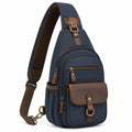 Sac bandoulière poitrine 18 × 8 × 32 cm en textile bleu marine et similicuir marron style urbain à compartiments
