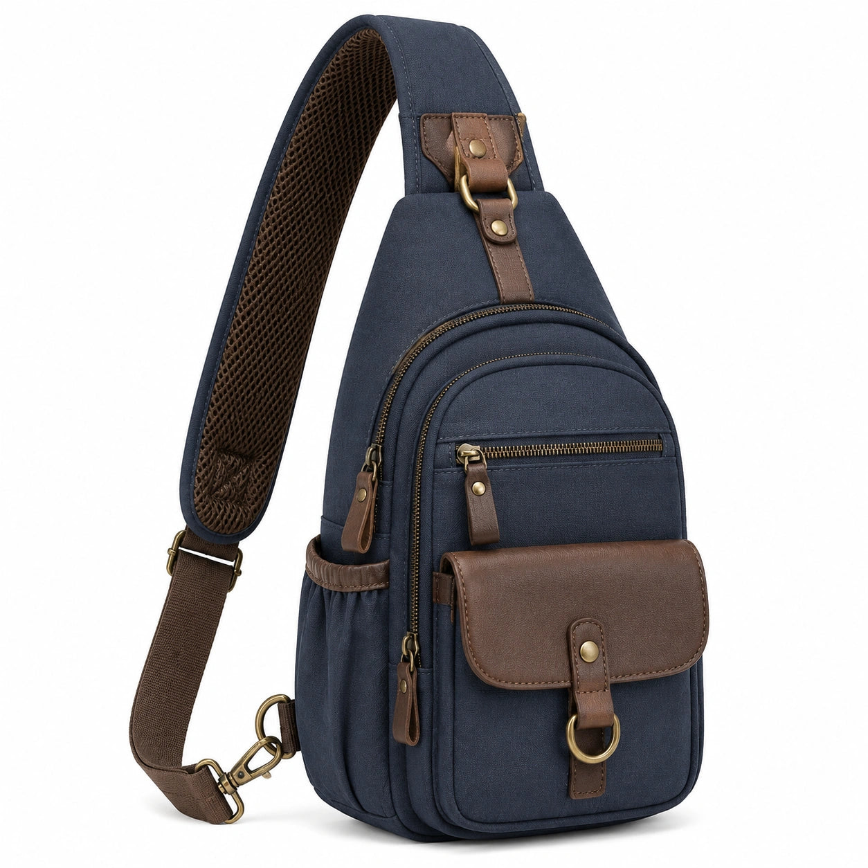 Sac bandoulière poitrine 18 × 8 × 32 cm en textile bleu marine et similicuir marron style urbain à compartiments