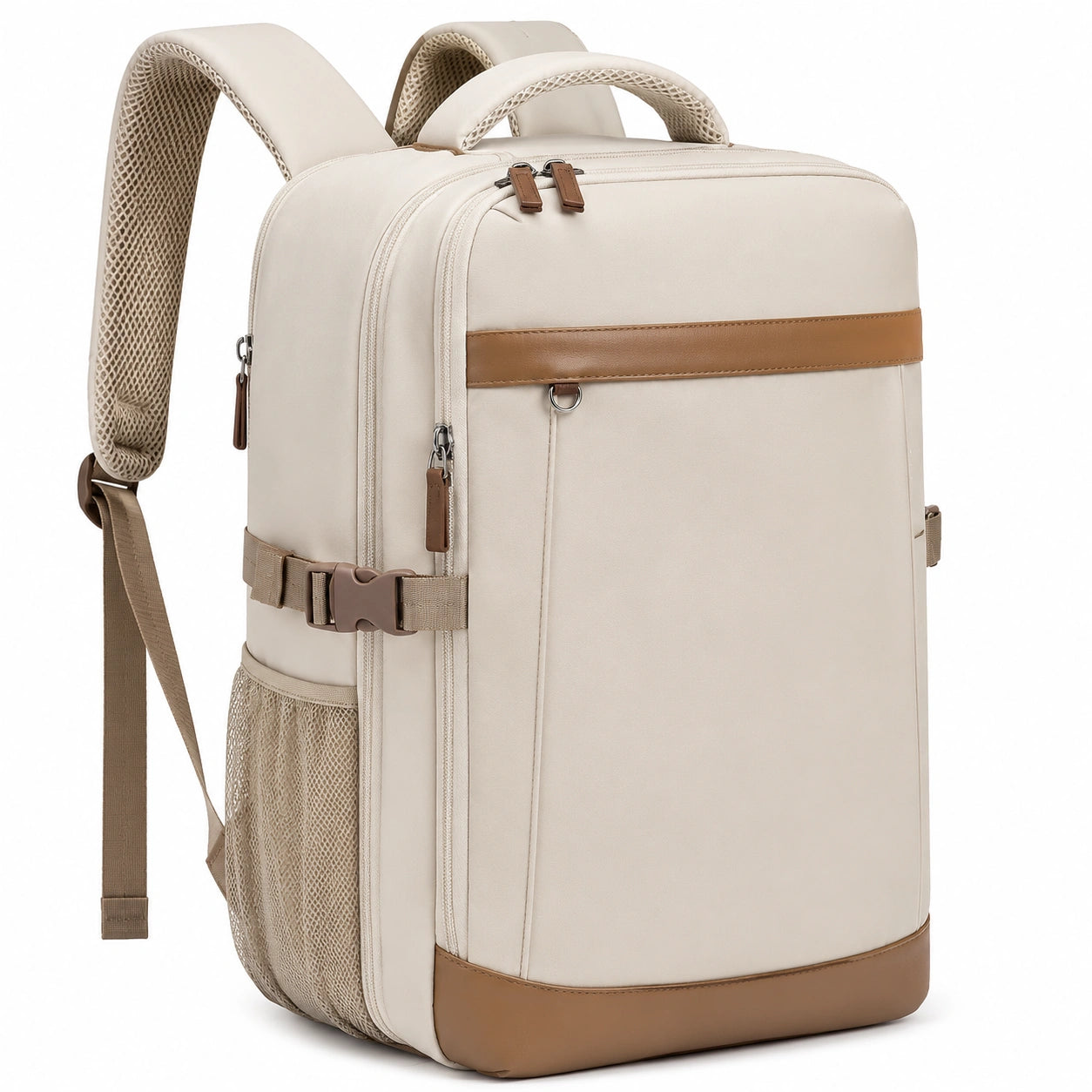 Sac à dos 30 x 16 x 42 cm beige et marron en matière synthétique avec compartiments zippés