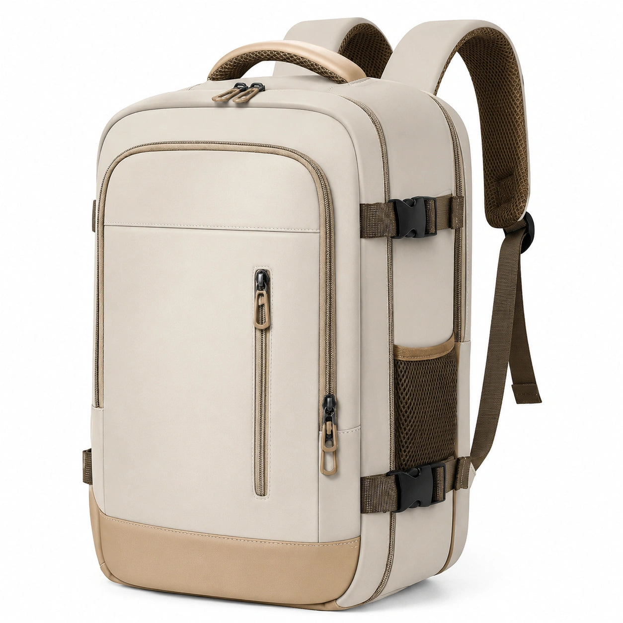 Sac à dos 32 × 18 × 46 cm beige et marron en matière synthétique avec compartiments de rangement