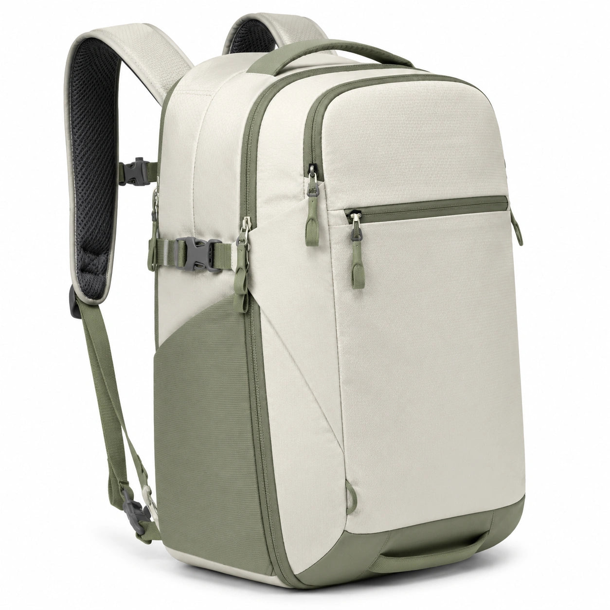 Sac à dos 30 x 20 x 45 cm en textile beige vert à compartiments style urbain