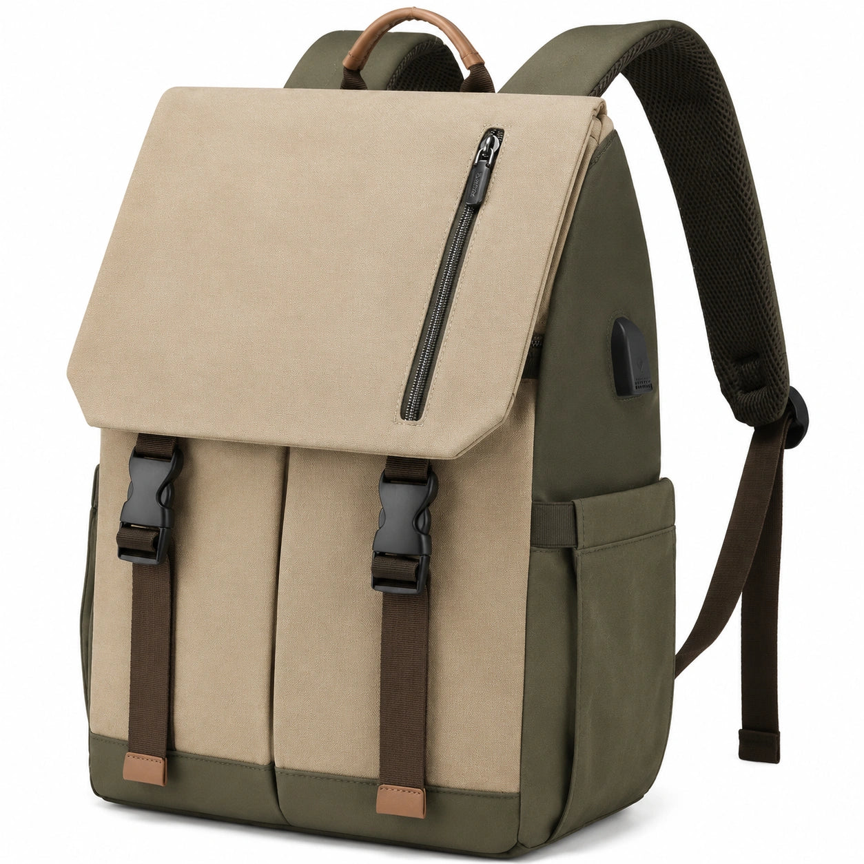 Sac à dos 30 x 16 x 42 cm en tissu beige et vert kaki avec port USB style urbain