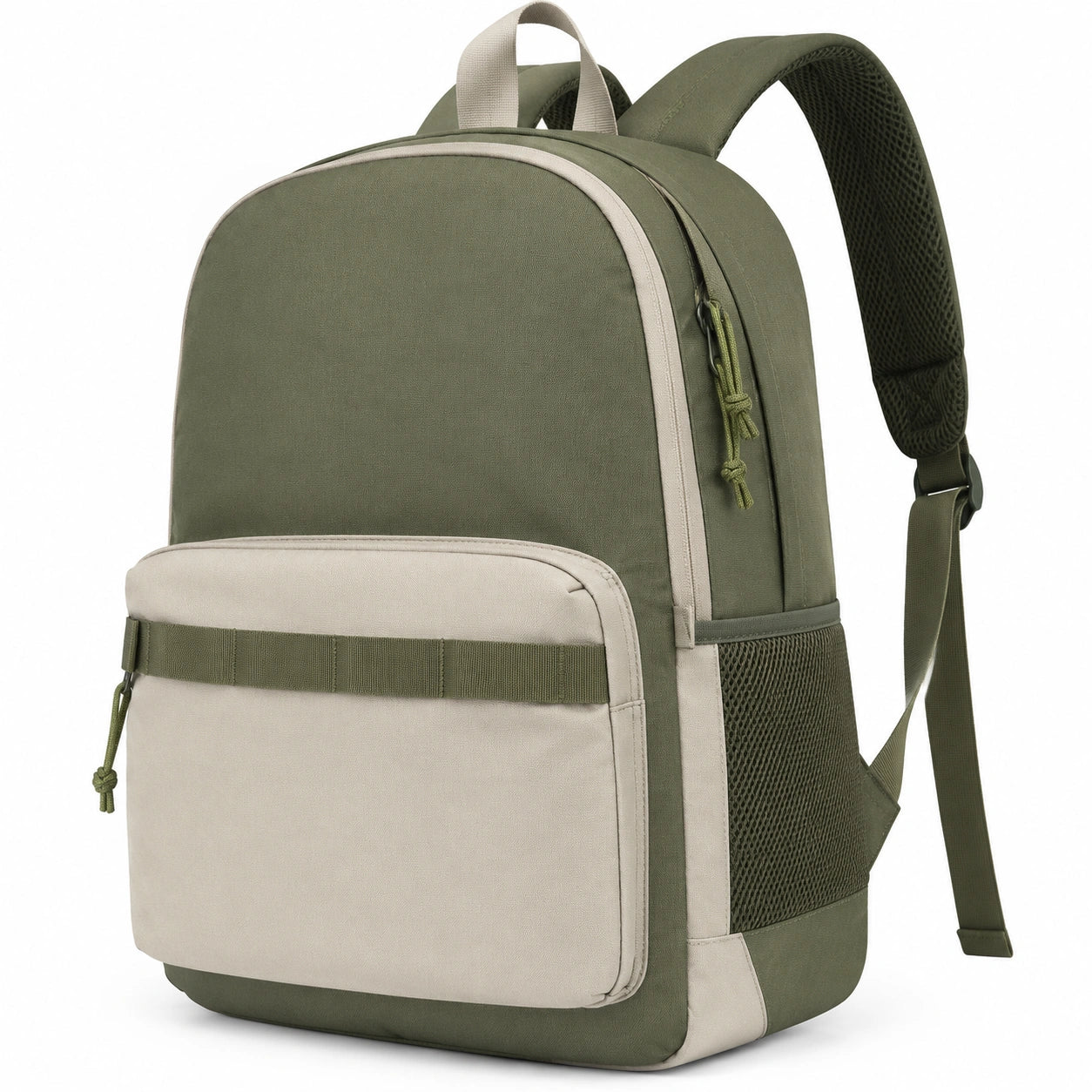 Sac à dos 30×18×45 cm en tissu synthétique vert kaki et beige avec rangement quotidien