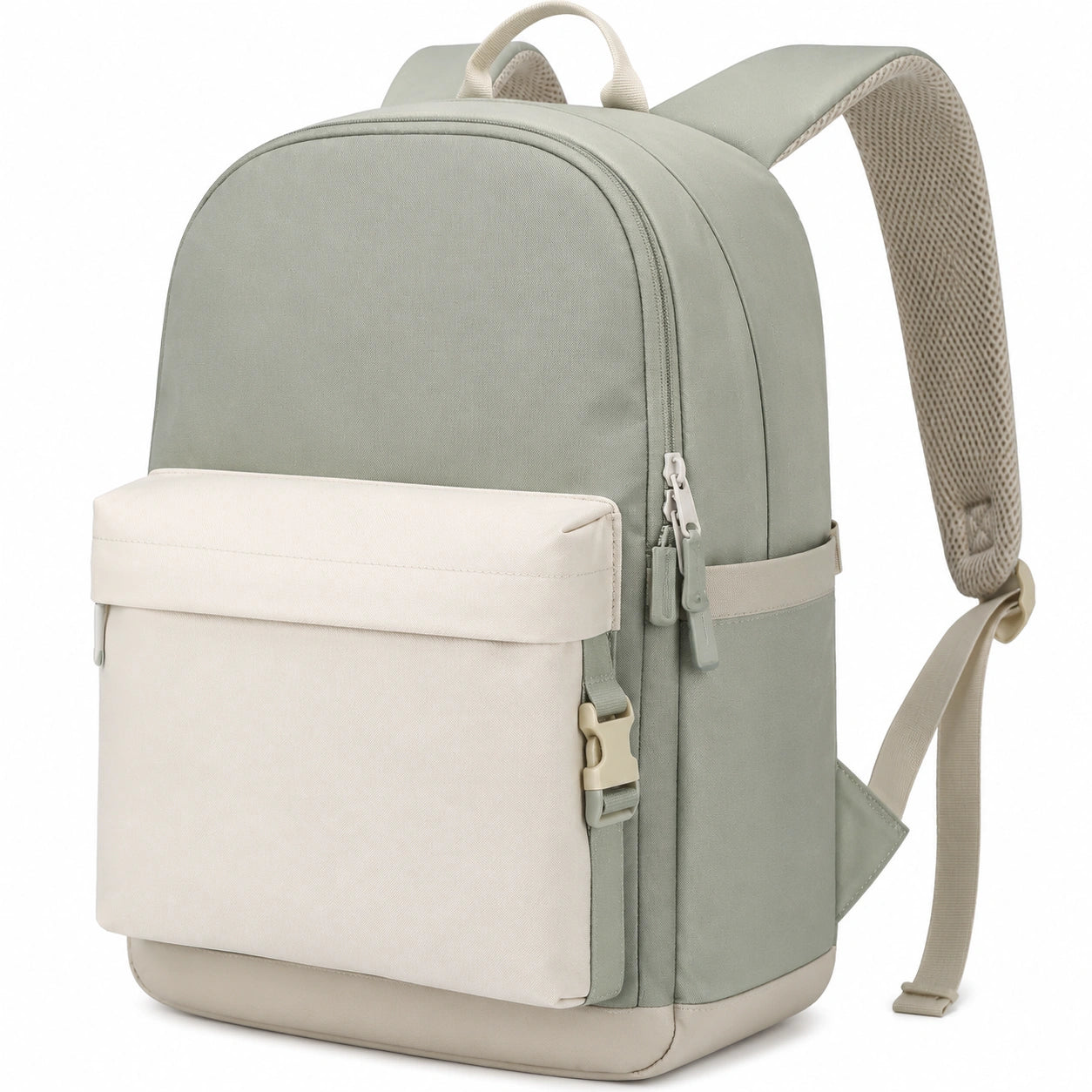 Sac à dos 30 × 15 × 40 cm en textile vert sauge et beige avec compartiments et bretelles rembourrées