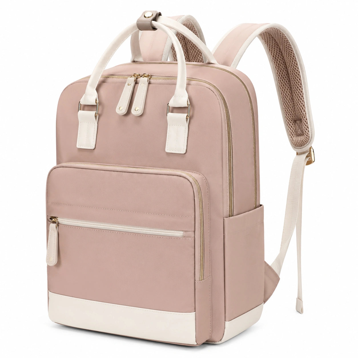 Sac à dos 29 x 14 x 39 cm en textile rose poudré et blanc à fermeture zippée