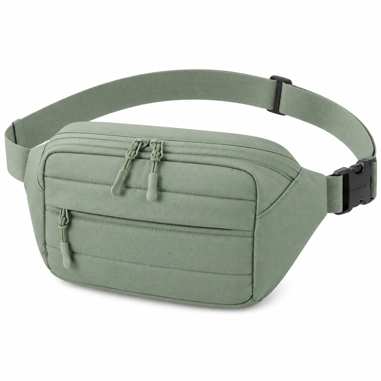 Sac banane 25 x 8 x 15 cm en tissu vert sauge à compartiments zippés réglable