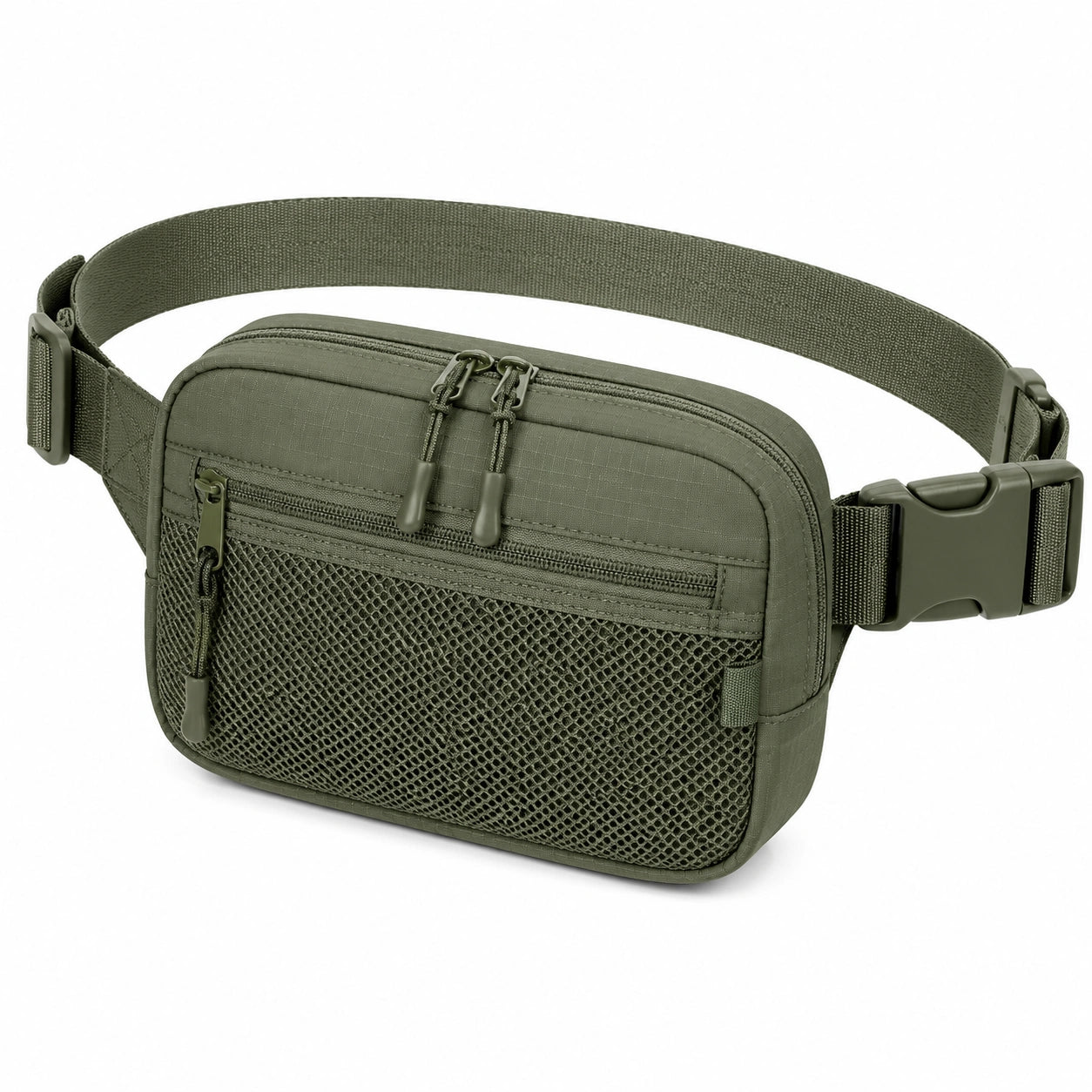 Sac banane 23 x 7 x 15 cm en textile vert kaki à poches multiples
