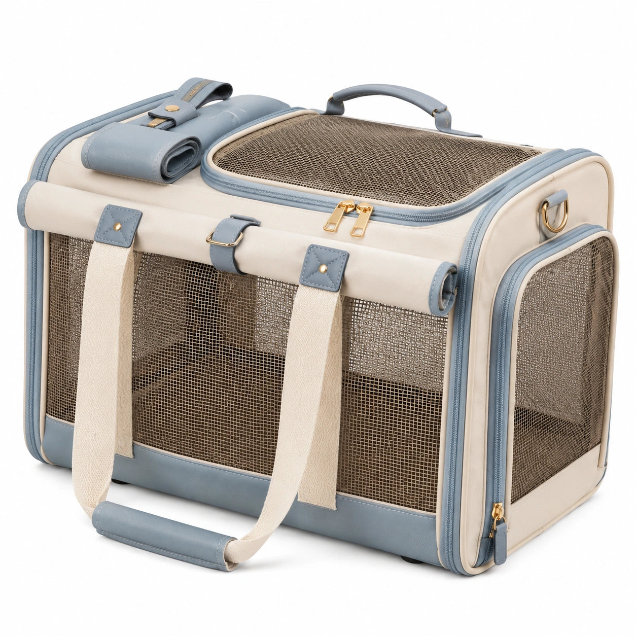 Sac de transport pour animaux 45 x 30 x 30 cm textile beige bleu clair avec panneaux filetés pliable