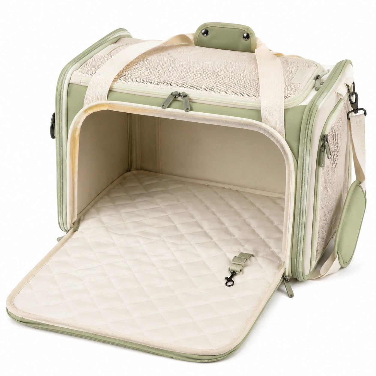 Sac de transport pour animaux 45 × 30 × 30 cm textile vert sauge et beige pliable ventilé