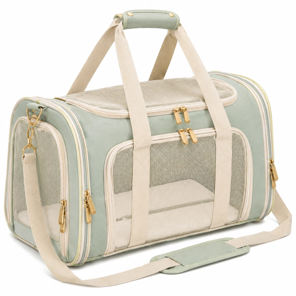 Sac de transport pour animaux 45 x 28 x 30 cm en tissu vert sauge avec panneaux en maille