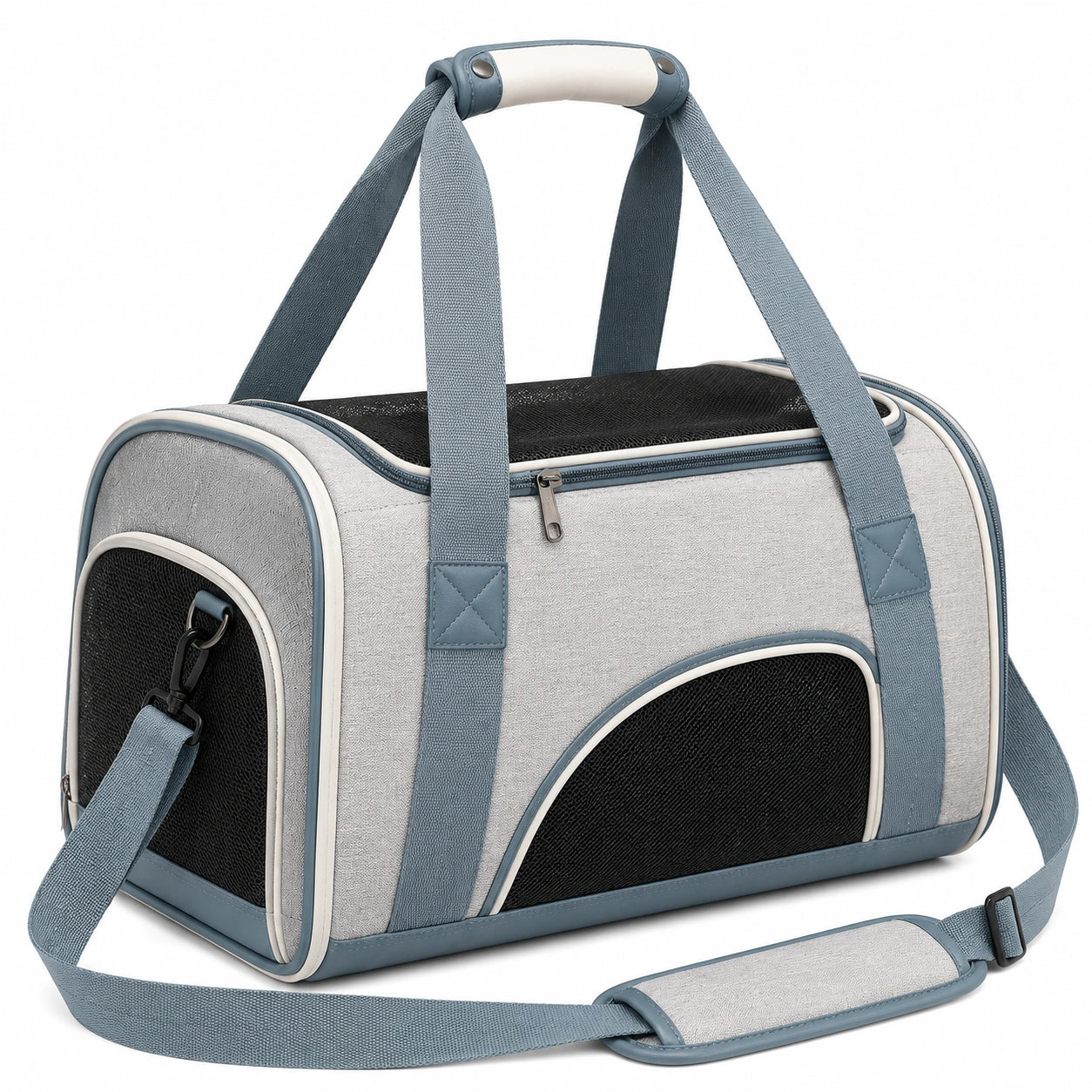 Sac de transport pour animaux 45 x 28 x 30 cm textile gris bleu avec maille aérée et bandoulière réglable