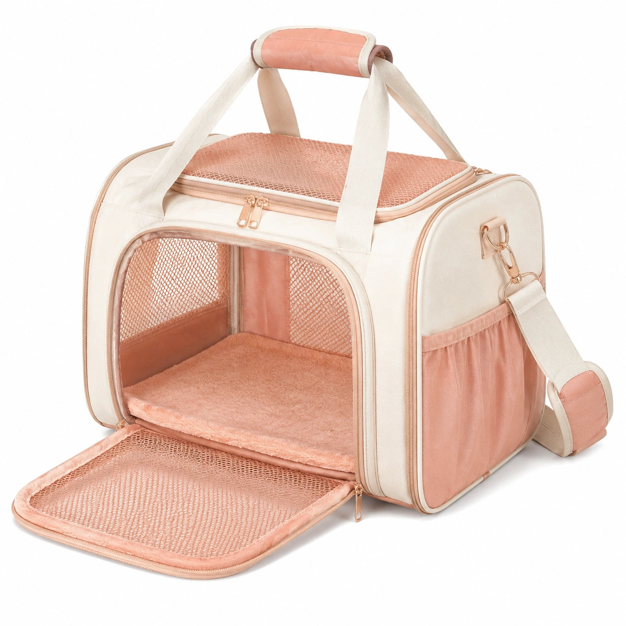 Sac de transport pour animaux 43 x 28 x 30 cm en textile rose crème avec maille aérée