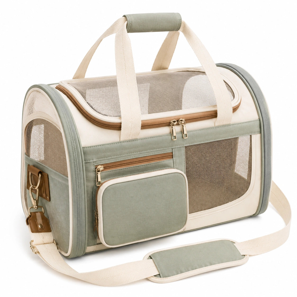 Sac de transport pour animaux 45 x 28 x 30 cm en textile vert sauge et crème ventilé à bandoulière