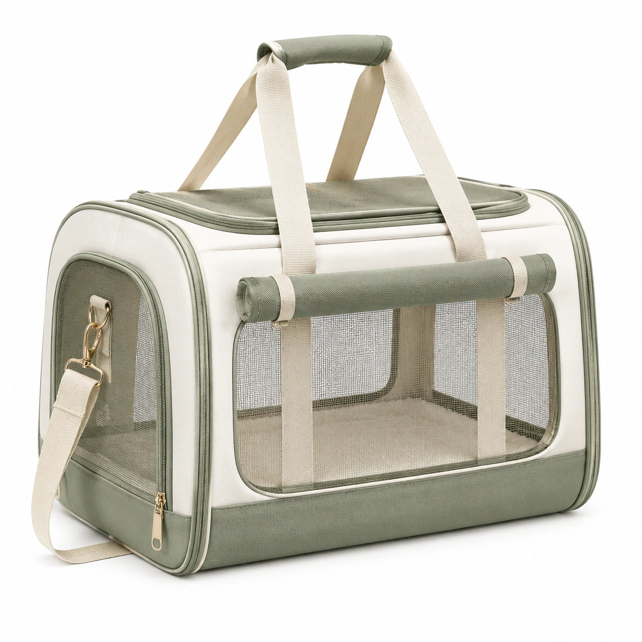 Sac de transport pour animaux 45 x 28 x 30 cm en tissu vert sauge et beige avec fenêtres en maille