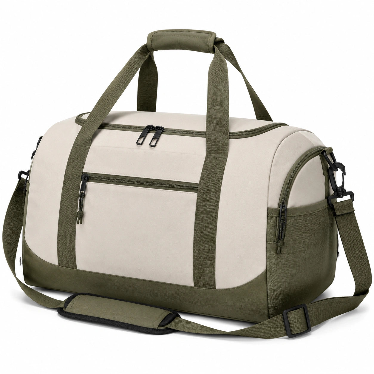 Sac de voyage 50 × 25 × 30 cm en polyester beige et vert kaki avec bandoulière réglable