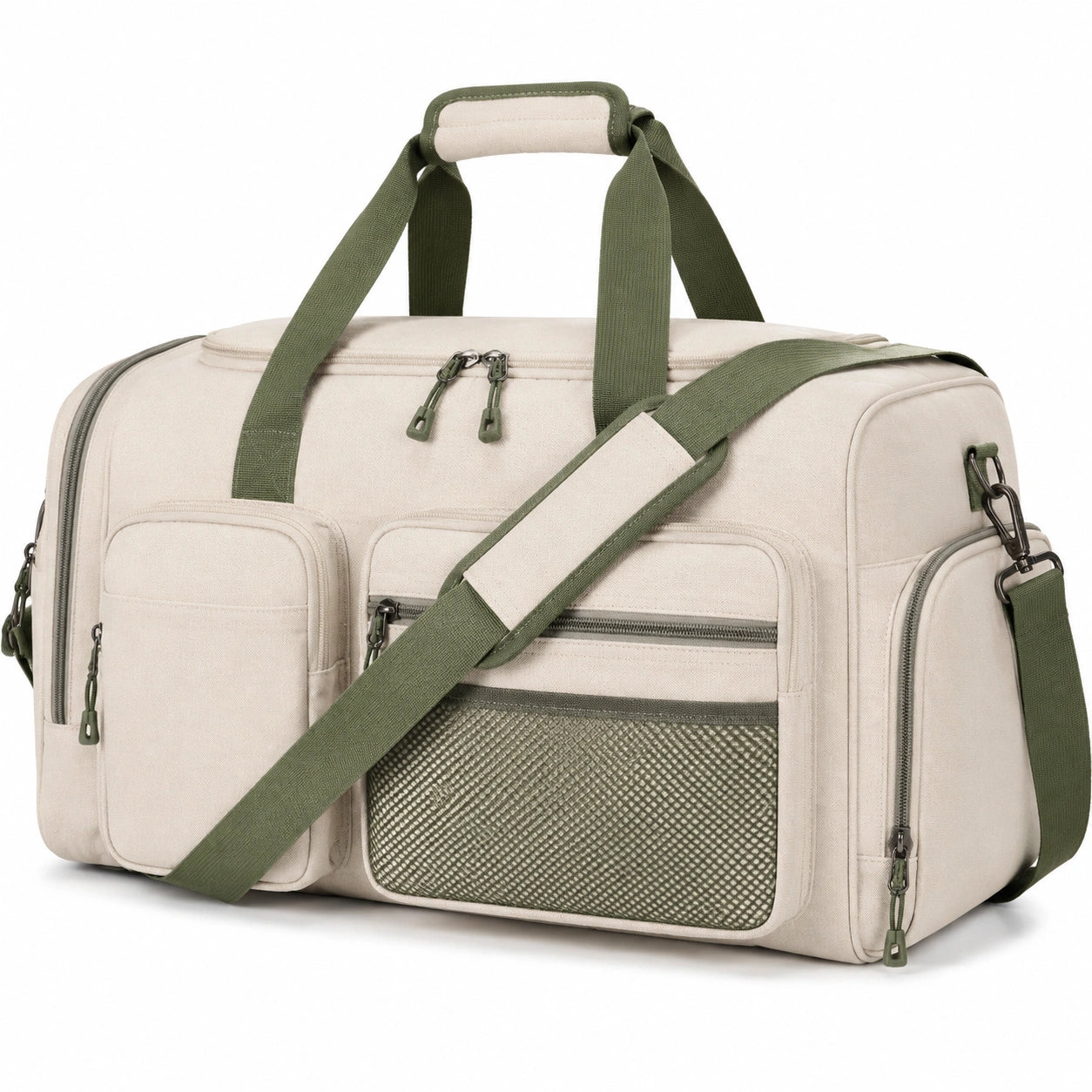 Sac de voyage 45 x 25 x 28 cm en toile beige et vert avec bandoulière réglable style utilitaire